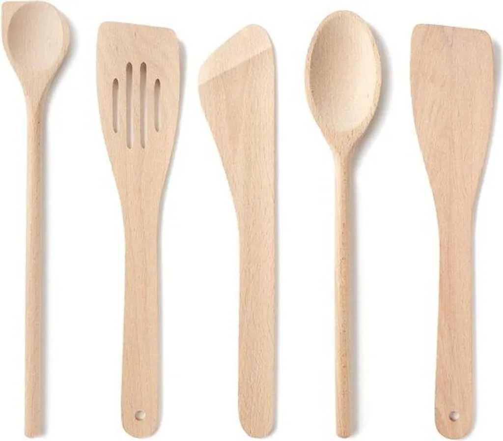 Lot de 5 grands ustensiles de cuisine en bois hêtre fabriqué en UE