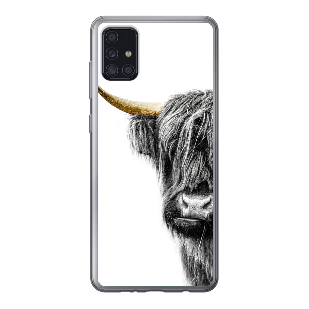 MuchoWow Handyhülle Schutzhülle Hülle für Samsung Galaxy A52 5G Schottischer Highlander - Tiere - Schwarz und Gold Silikon Softcase Handy Hü...
