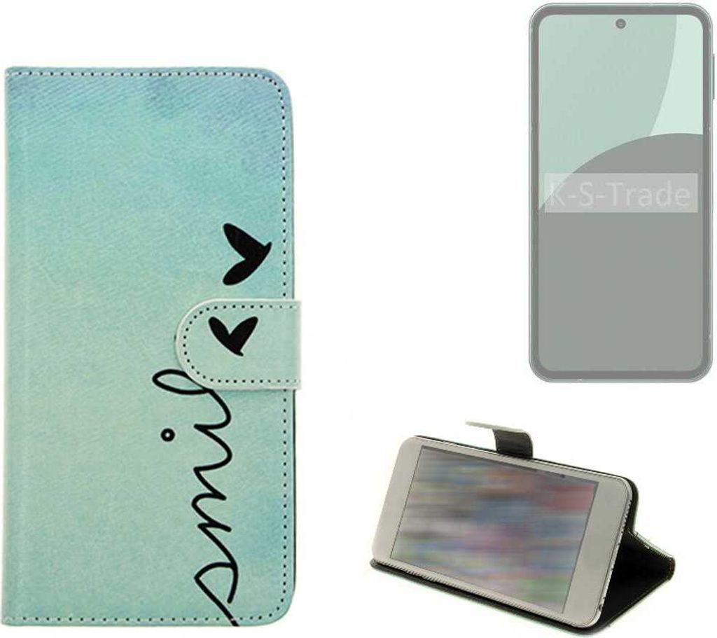 K-S-Trade Schutz Hülle Handy Hülle kompatibel mit Sharp Aquos Sense9 Hülle Handyhülle cover bookstyle Etui Handyhülle “smile“ türkis