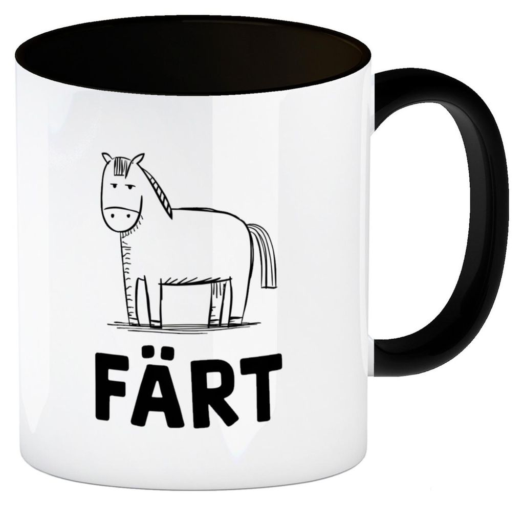 Färt Kaffeebecher in schwarz mit Pferdeskizze