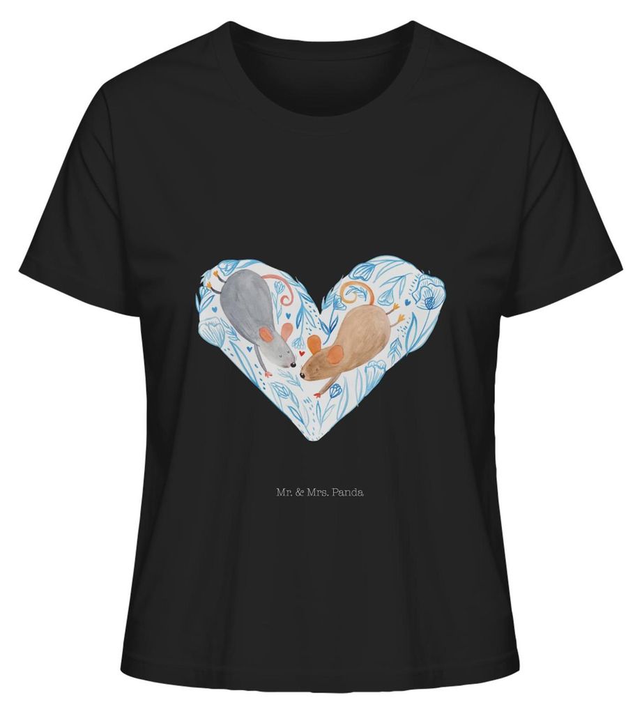 Mr. & Mrs. Panda Kurzarmshirt Damen Mäuse Herz Größe S - Schwarz - Geschenk, Oberteil, Liebe, Verliebt, Jahrestag, Baumwoll T-Shirt, Maus, Freun...