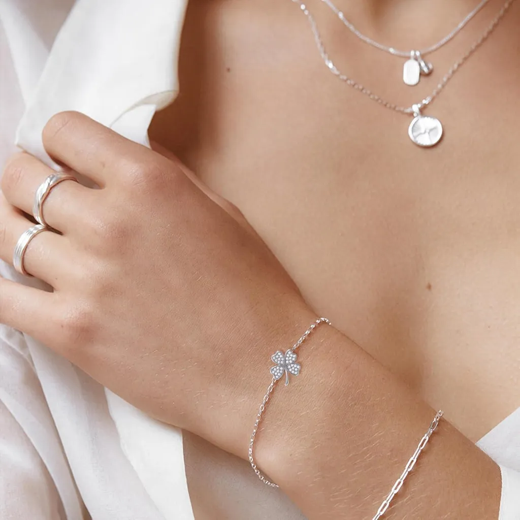 Bracciale in argento sterling con quadrifoglio: portafortuna