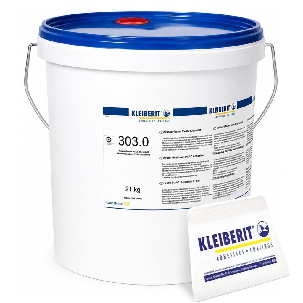 KLEIBERIT 303.0 Holzleim D3 21 kg – PVAc Leim wasserfest für Möbelbau, Fenster & Türen, D4 möglich Profi Holzkleber inkl. Leimspachtel