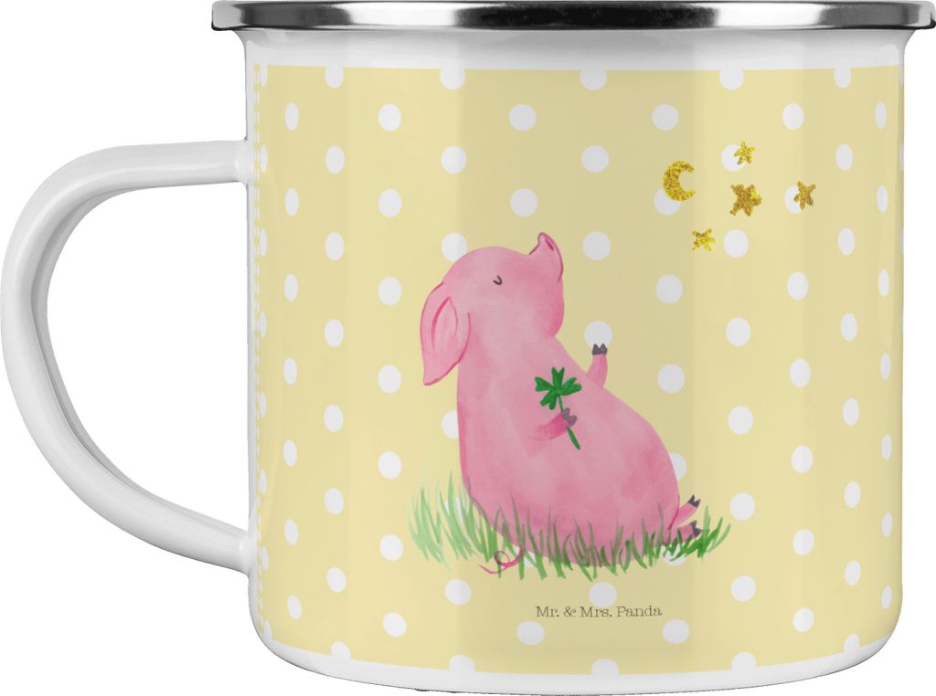 Mr. & Mrs. Panda Teetasse Schwein Glück - Gelb Pastell - Geschenk, Emaille Becher, Pott, Ziele, Teebecher, Sterne, Träume, Tasse, Motivation, Rei...