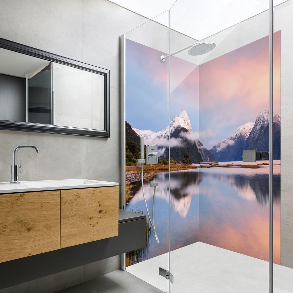 Duschrückwand Natur selbstklebend - 0.61 mm Wandpaneel wasserfest Berg rosa Motiv Badrückwand fugenlos Premium matt 90x210 cm