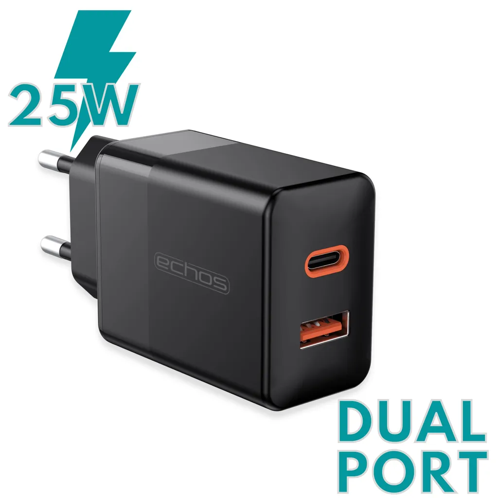 Echos 25W Dualport USB-C + USB-A Fast Charger | QC3.0, PD e PPS | Compatibilità molto ampia | Compatibile con Apple iPhone 12/13/14, Samsung Galaxy S20/21/22, Google Pixel e molti altri. | Nero