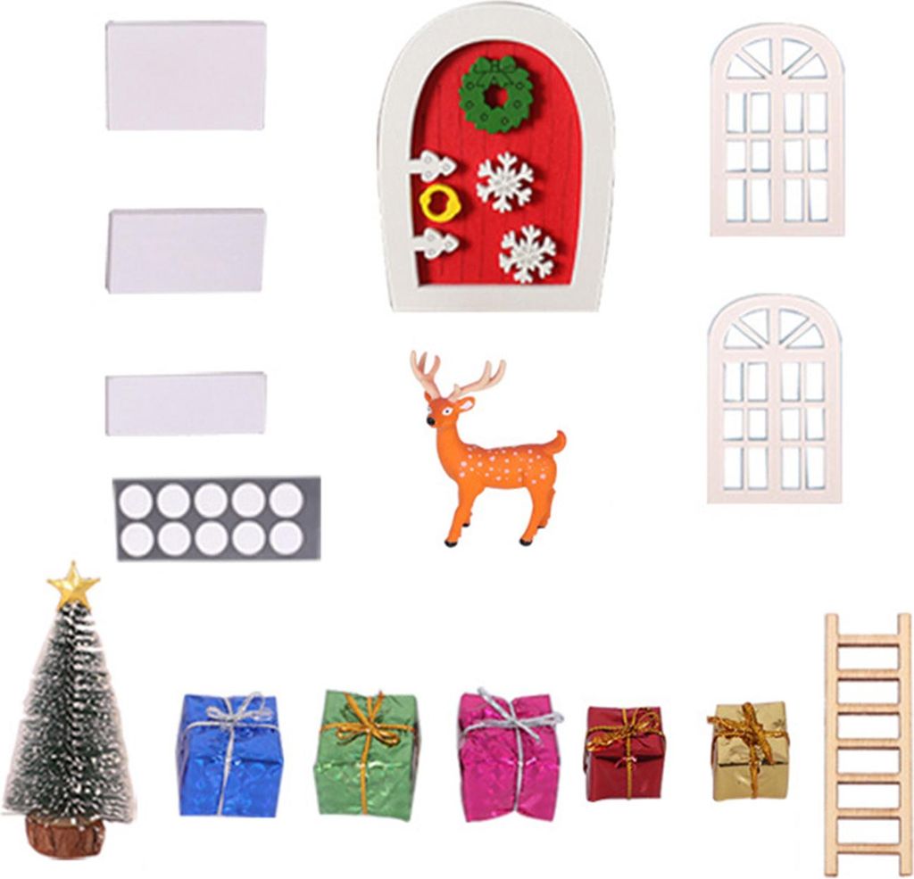 Miniatur-Weihnachtsszene, handgefertigte Mini-Holzelfentür, festliche Weihnachtsatmosphäre, Puppenhausdekoration