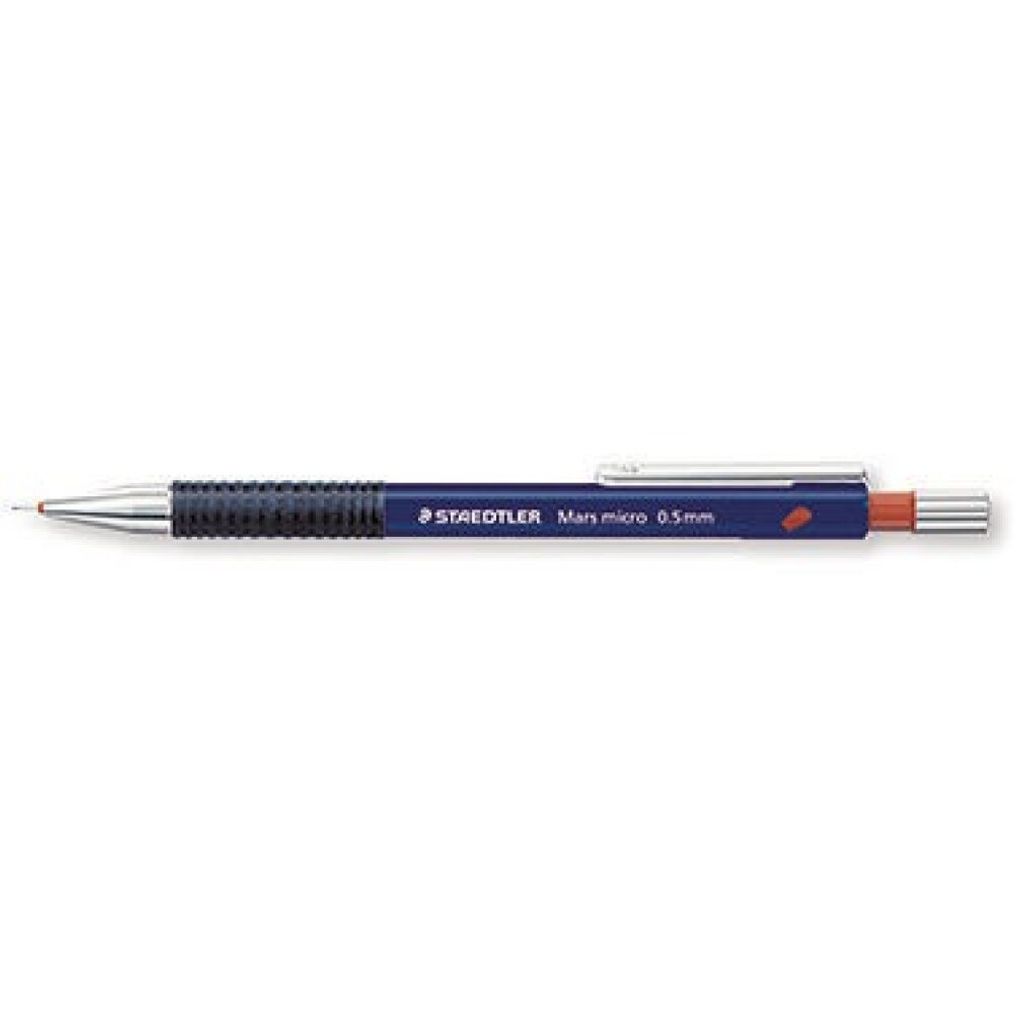 A blue mechanical pencil with a silver clip and red accents is shown against a white background.
