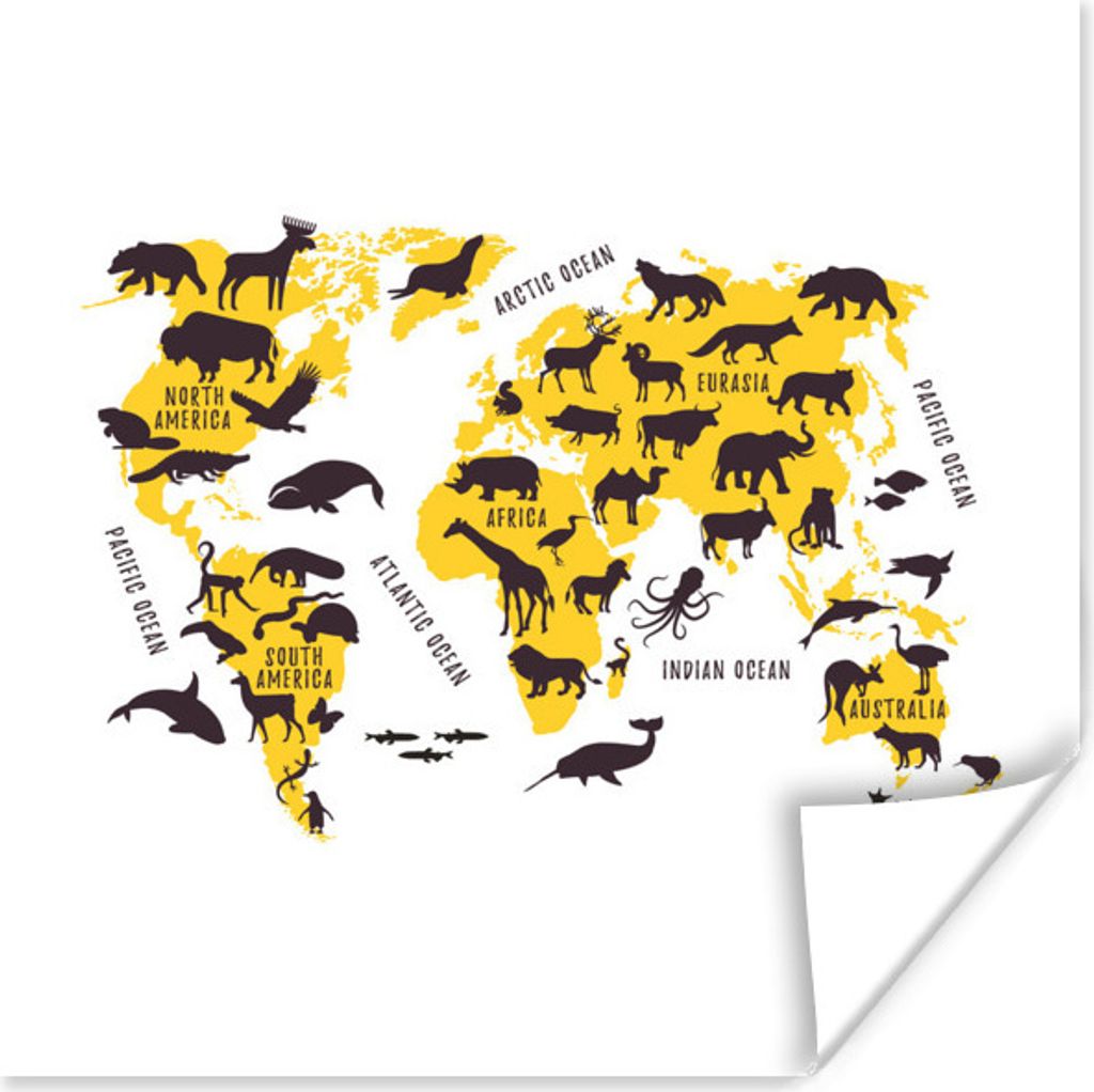 MuchoWow Poster Weltkarte - Tiere - Gelb 100x100 cm - Babyzimmer