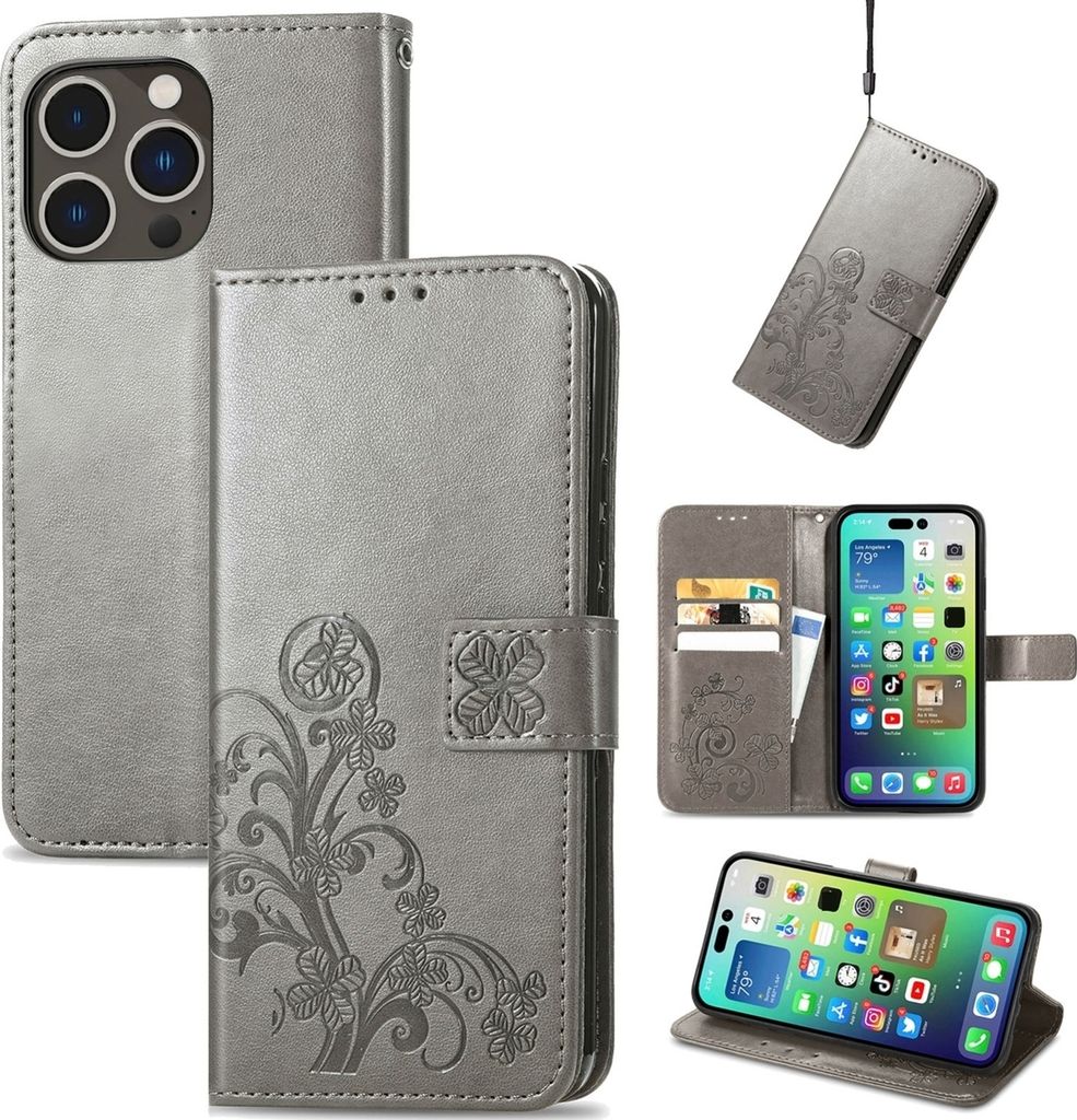 Mobigear Clover iPhone 15 Pro Max Hülle Klapphülle Geldbörse - Grau