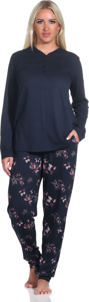 Damen Schlafanzug langarm Pyjama in floralem Design auch in Übergrössen ; marine , 36