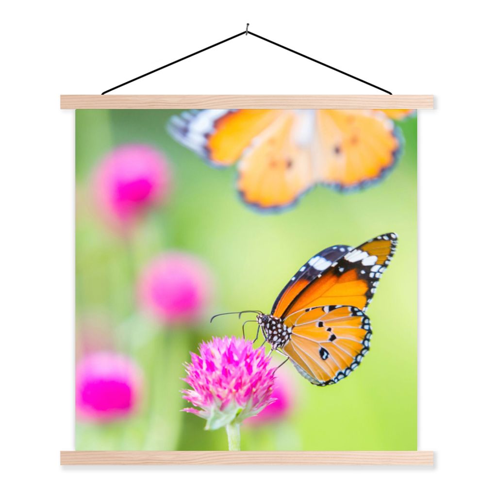 MuchoWow Textilposter Insekten - Schmetterlinge - Blumen 120x120 cm mit holzfarbenen Rahmen - Textil-Poster