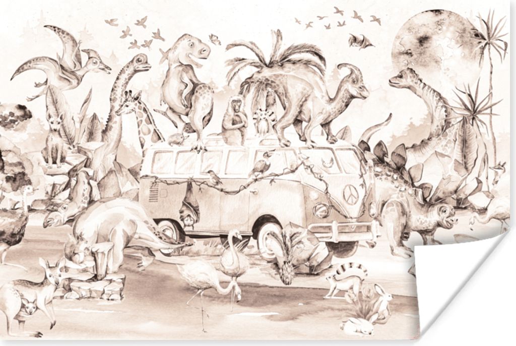 MuchoWow Poster Dinosaurier - Bus - Kinder - Tiere - Bäume 30x20 cm - Plakate - Print