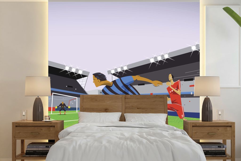 MuchoWow Fototapete für Wohnzimmer oder Schlafzimmer Wandtapete Vinyl Motivtapete Eine Illustration von Spielern, die in einem Stadion Fußball ...