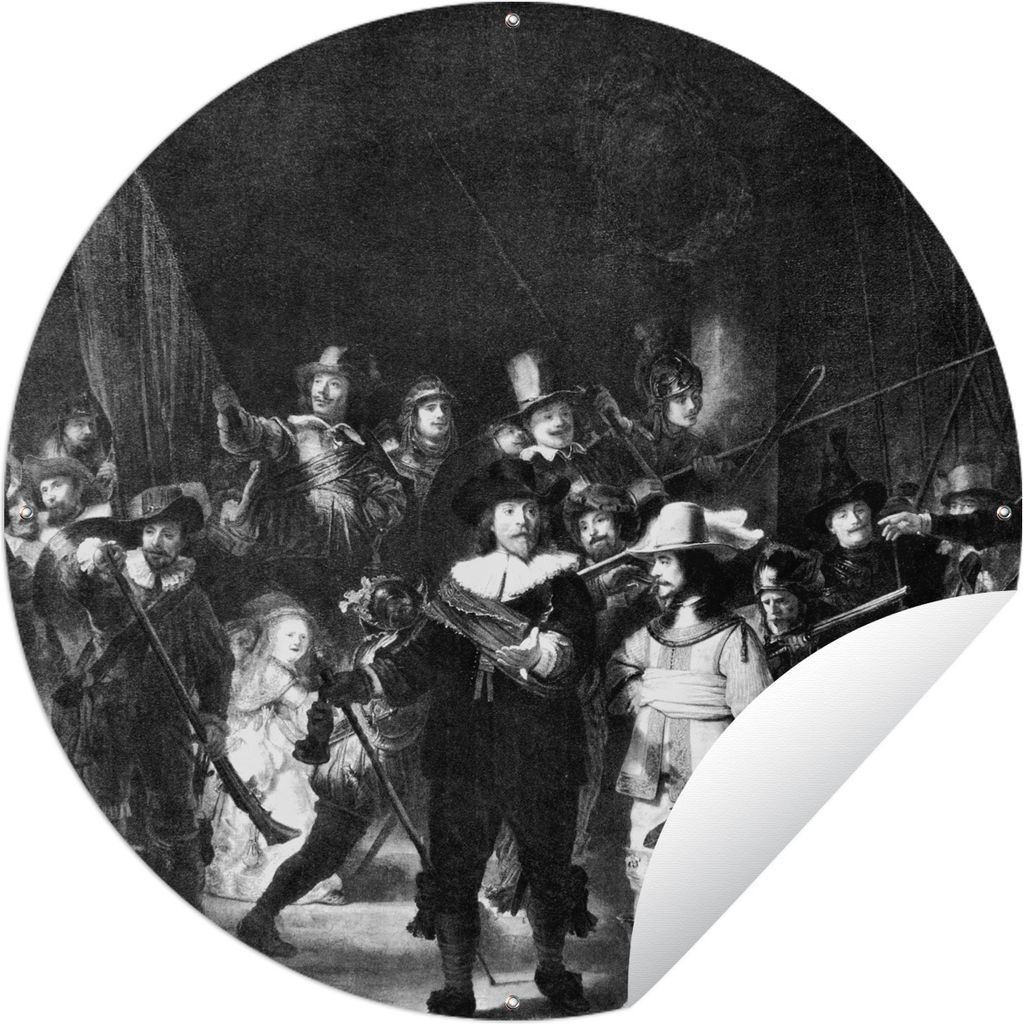 MuchoWow Gartenposter Outdoor-Poster Rund Die Nachtwache - Gemälde von Rembrandt van Rijn - schwarz und weiß Ø 120 cm Gartendeko Rundes Poster...