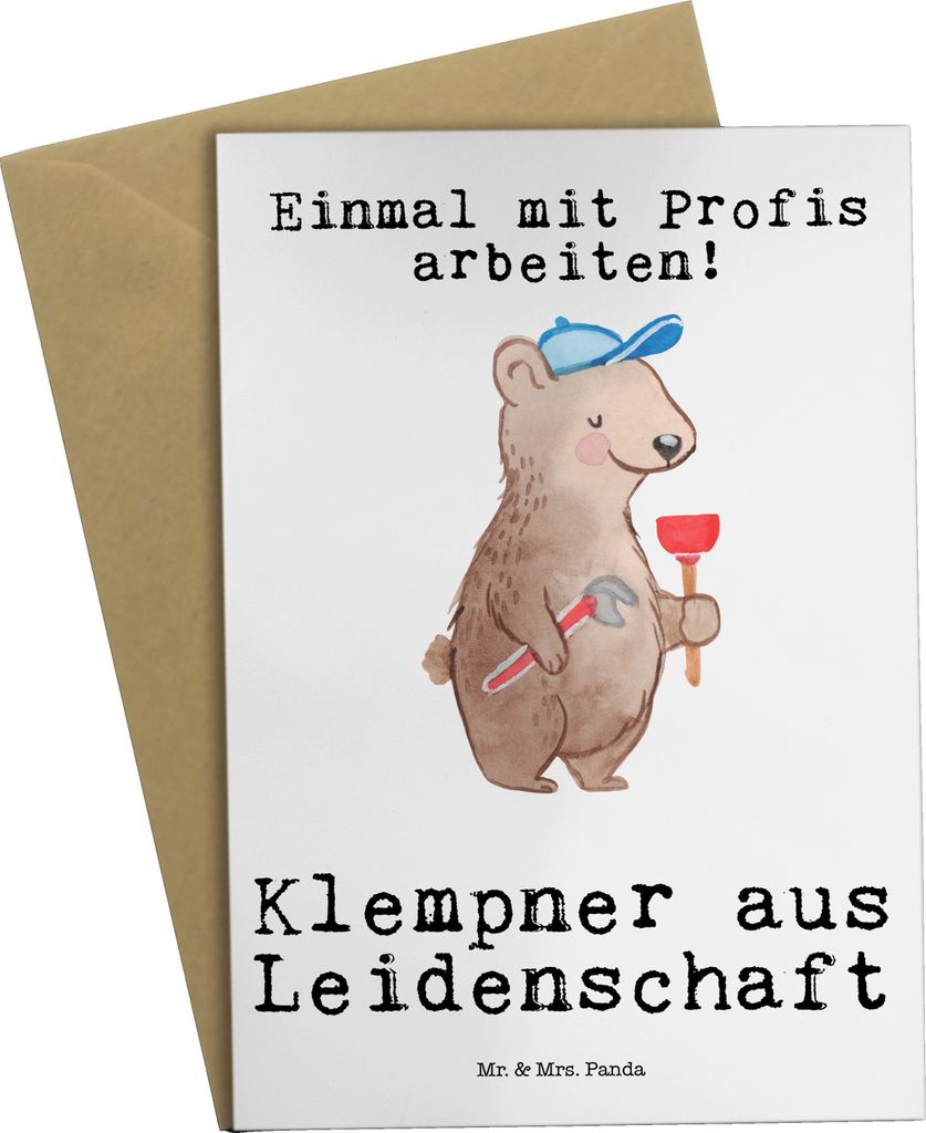 Mr. & Mrs. Panda Grußkarte Klempner Leidenschaft - Weiß - Geschenk, Installateur, osterkarten, Handwerker, hochzeitskarten, Witzig, dankeskarten,...