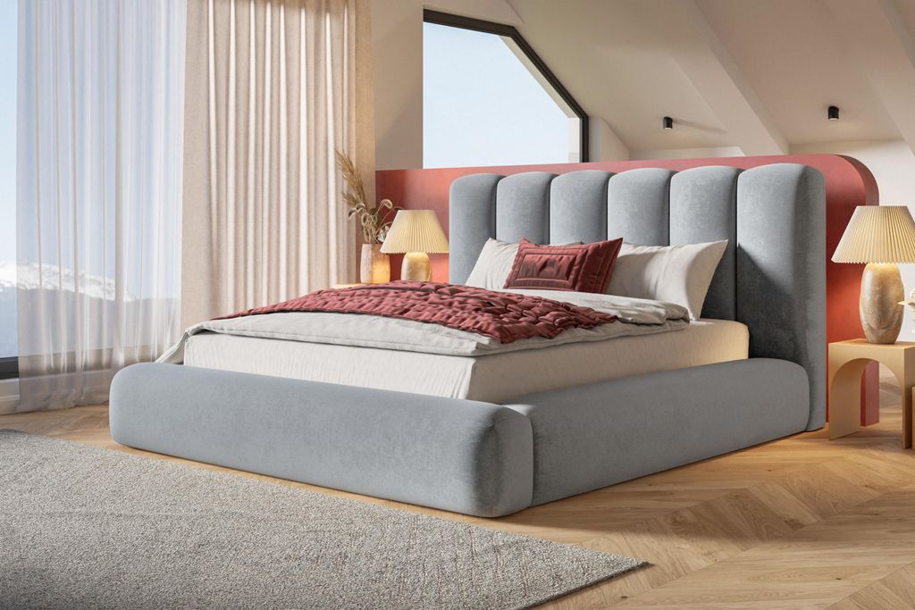 Bett 140x200, Bett mit Lattenrost, Polsterbett mit Bettkasten und Holzrahmen, Eleganter Jasmine-Stoff, Kollektion Alva Maxi, Hellgrau