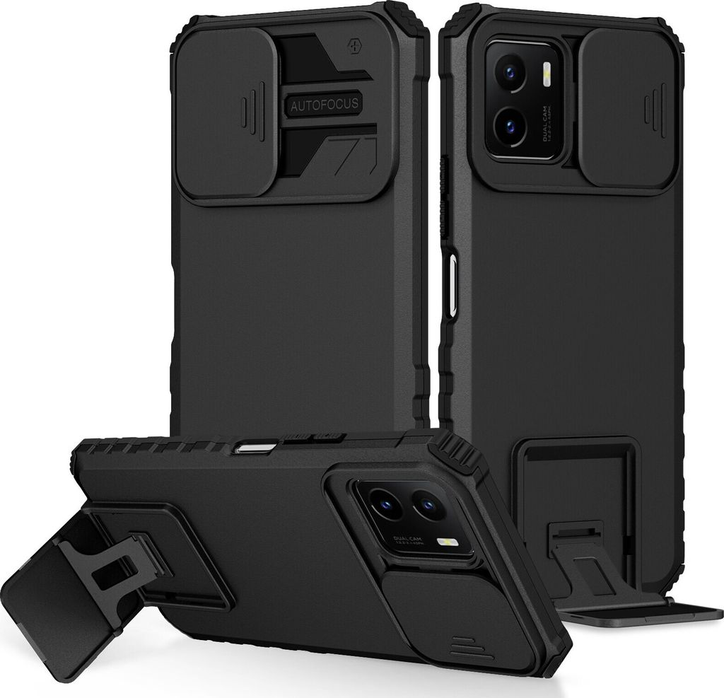 VIVO Y15S / Y15A Hülle, Dual Layer Ständer Schutzhülle mit Schiebe Kamera Schutz für VIVO Y15S / Y15A Schwarz