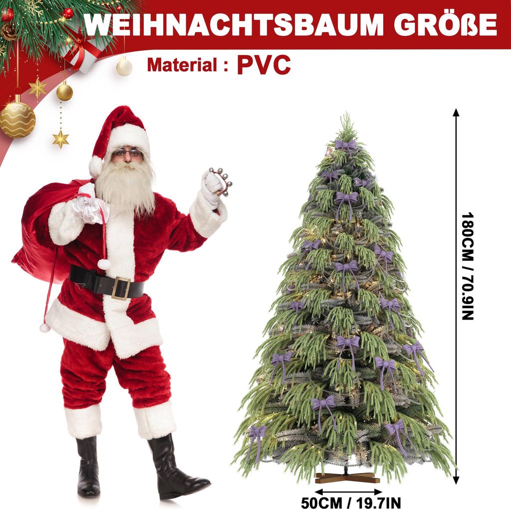 UISEBRT 180 cm Weihnachtsbaum mit Warmweißen LEDs (8 Modi) PVC+PE Hängende Zweige mit Schneeeffekt, inkl. Schleifen, Kristallkette, Handschuhe & ...