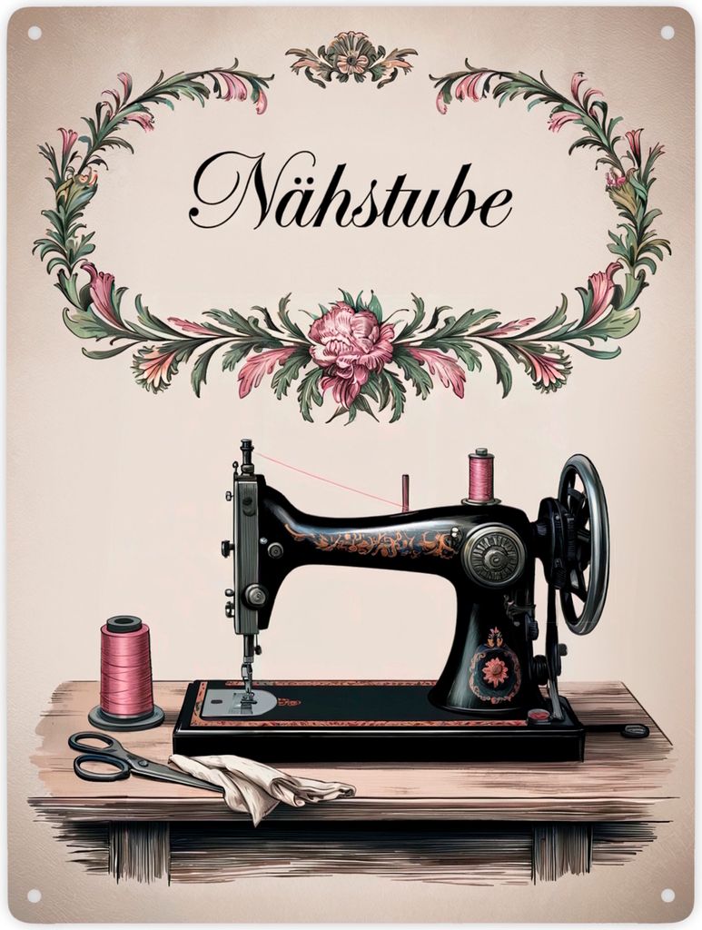 Vintage Nähmaschine Nähstube Souvenir Metallschild XXL in 28x38 cm