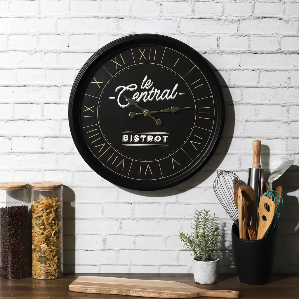 Horloge Murale 50cm Noir en Métal - Mécanisme Silencieux Style Bistrot