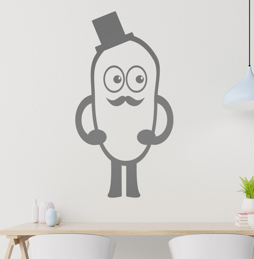Bohne mit Hut und Schnurbart Wandtattoo in 6 Größen - Wandaufkleber Wall Sticker - Dekoration, Küche, Wohnzimmer, Schlafzimmer, Badezimmer