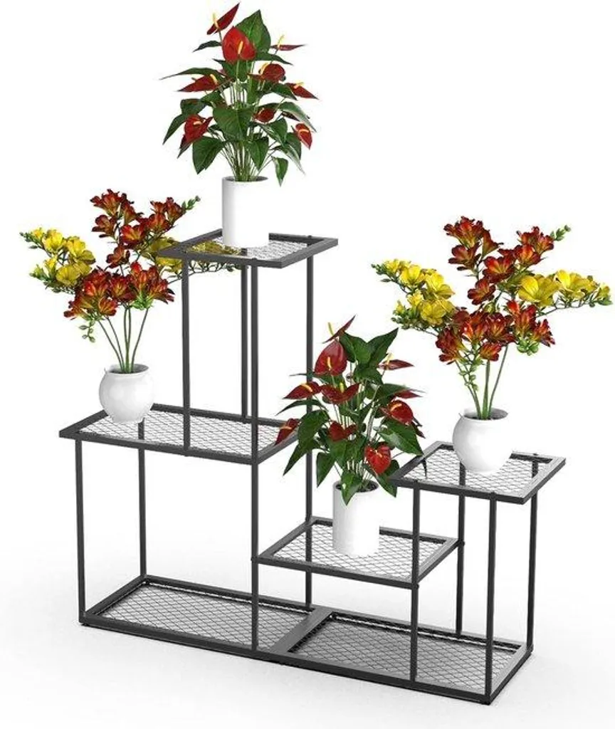 Support à plantes en métal noir 4 niveaux pour terrasse et jardin