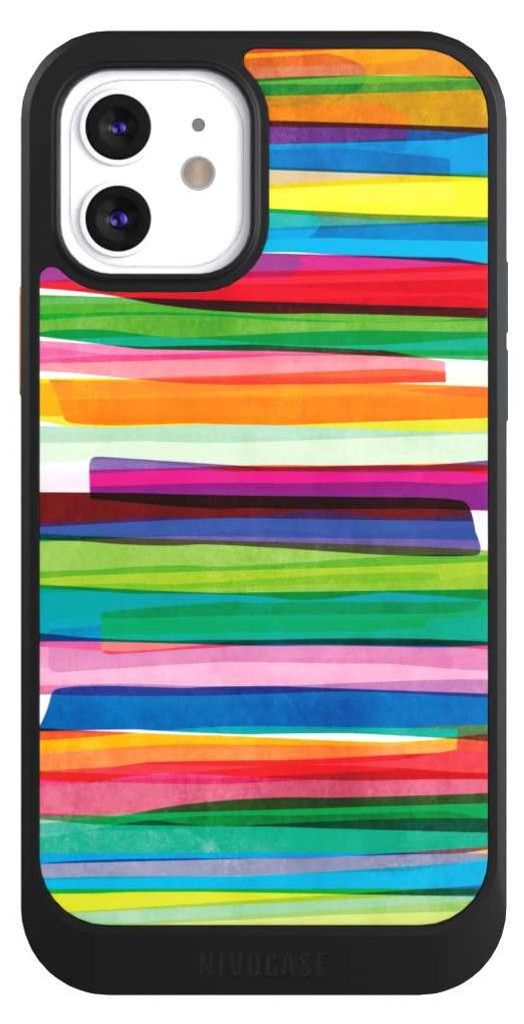NIVOCASE Hülle für Apple iPhone 12 Handyhülle NIVOcore Case Schwarz Streifen Wasserfarbe bunt