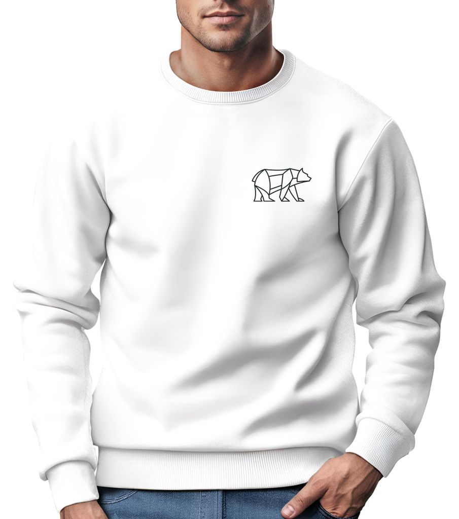 Sweatshirt Herren Print Aufdruck Bär Polygon Design Wander Outdoor Rundhals-Pullover Fashion Streetwear Neverless Variante 2 weiß XS