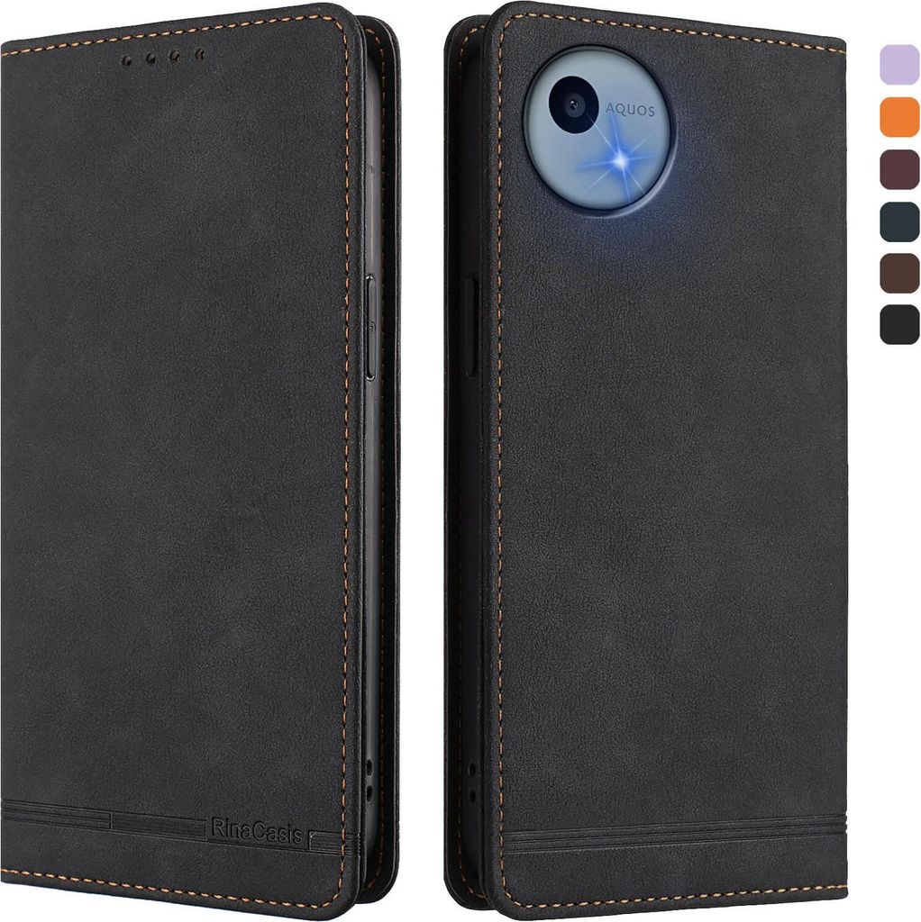 Hülle für Sharp Aquos Wish5, Retro Kunstleder Ständer Klapphülle mit Kartenfächer und Magnetische Schwarz
