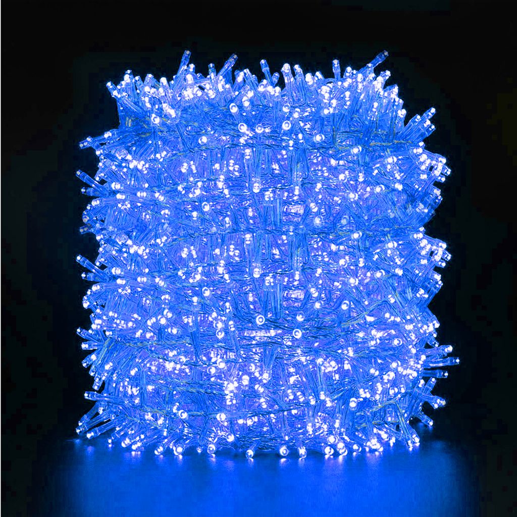 A tightly wound ball of blue LED string lights against a black background.
