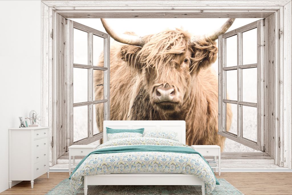 MuchoWow Fototapete für Wohnzimmer oder Schlafzimmer Wandtapete Vinyl Motivtapete Schottischer Highlander - Fenster - Nebel - Ausblick - 390x260...