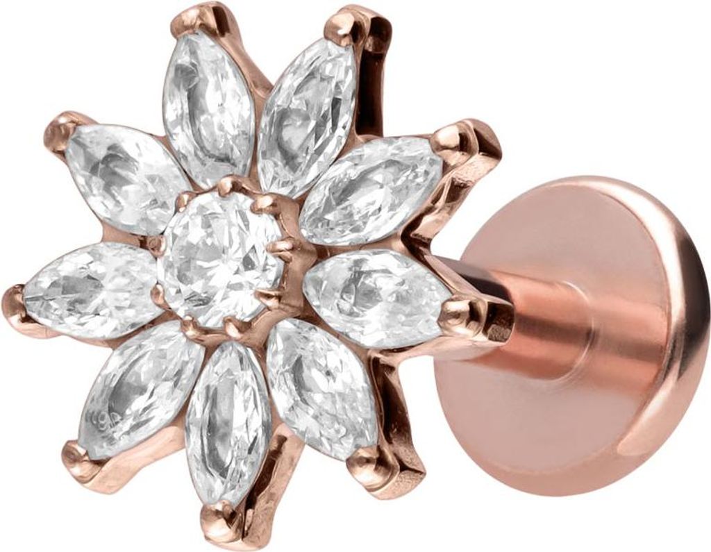 Ohrpiercing, Nasenpiercing Titan Labret mit Innengewinde KRISTALLBLUME RoséGold Stablänge: 8mm | Stabstärke: 1,6mm