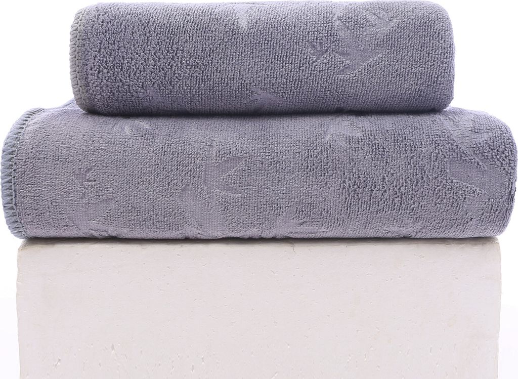 FEBE Handtücher Badetuch 70x140 + 50x100 cm Hellgrau Handtücher Set Badehandtuch Frottee mit Bambus Muster Mikrofaser Towel