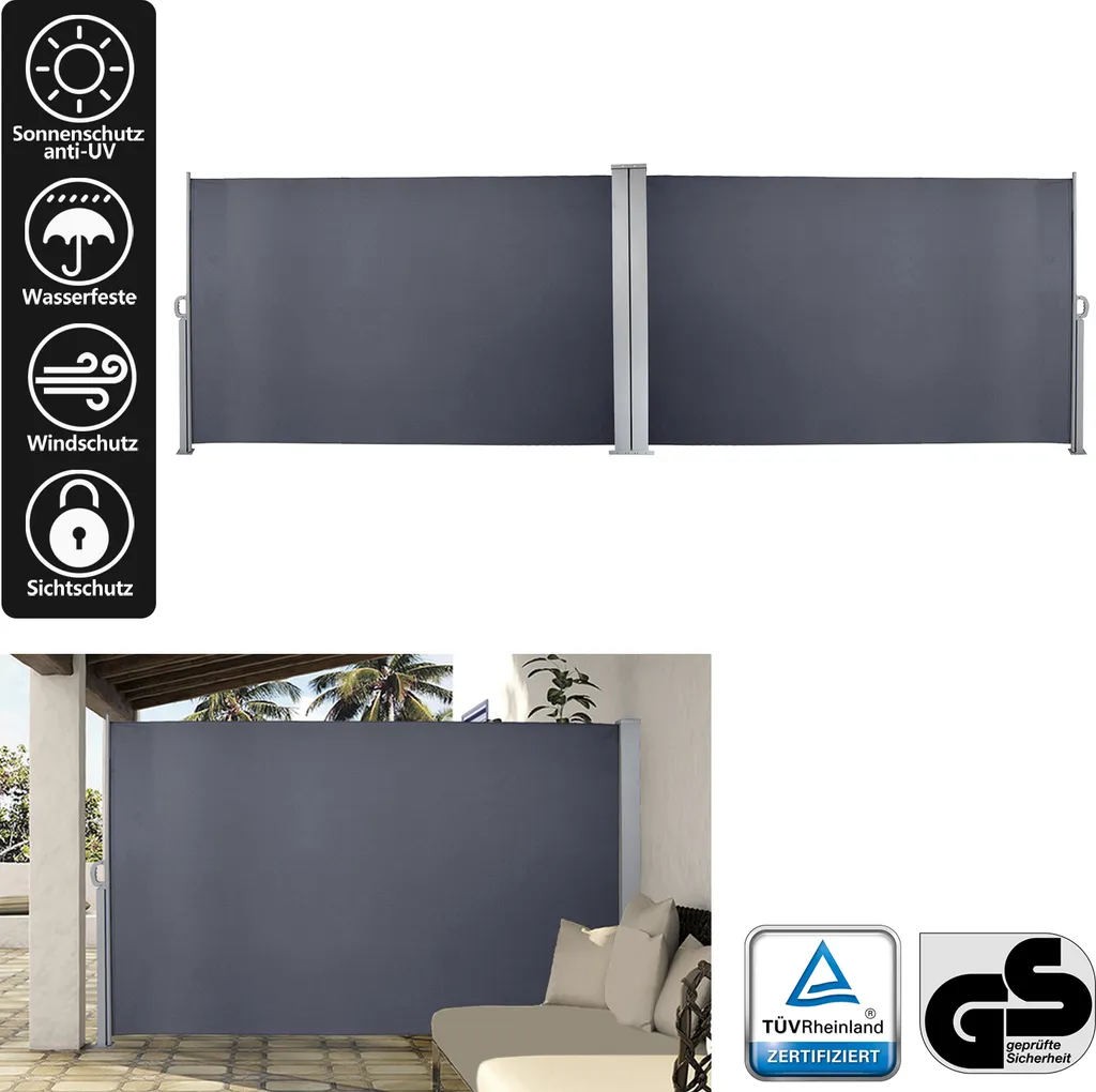 Tenda da sole laterale allungabile, 60 x 300 cm, colore grigio