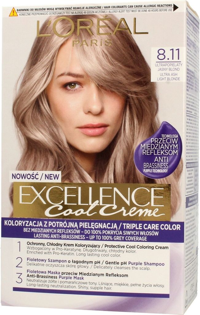 A box of L'Oréal Paris Excellence Cool Creme hair dye, featuring a model with the resulting hair color.