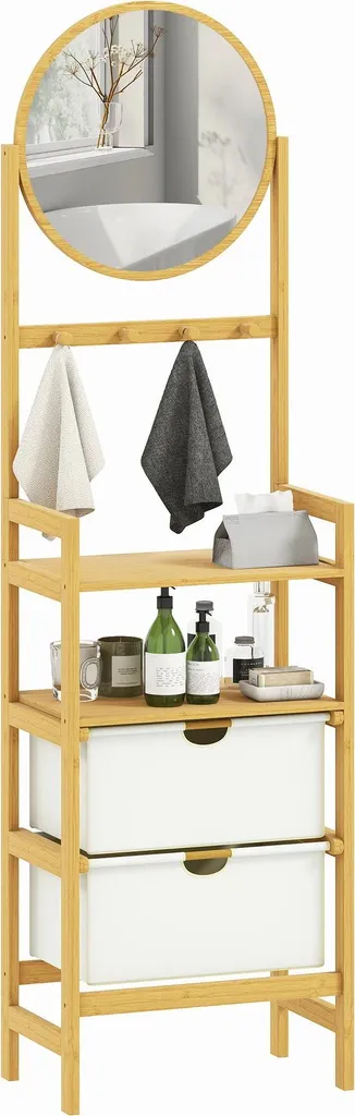 Aménager petite salle de bain : Étagère miroir bambou beige gain de place