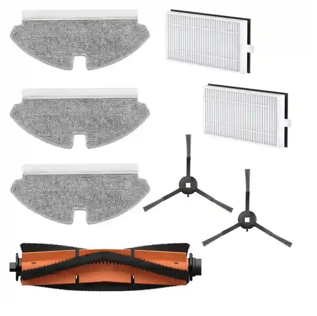 A collection of robot vacuum cleaner accessories, including mop pads, filters, side brushes, and a main brush roll, arranged on a white background.