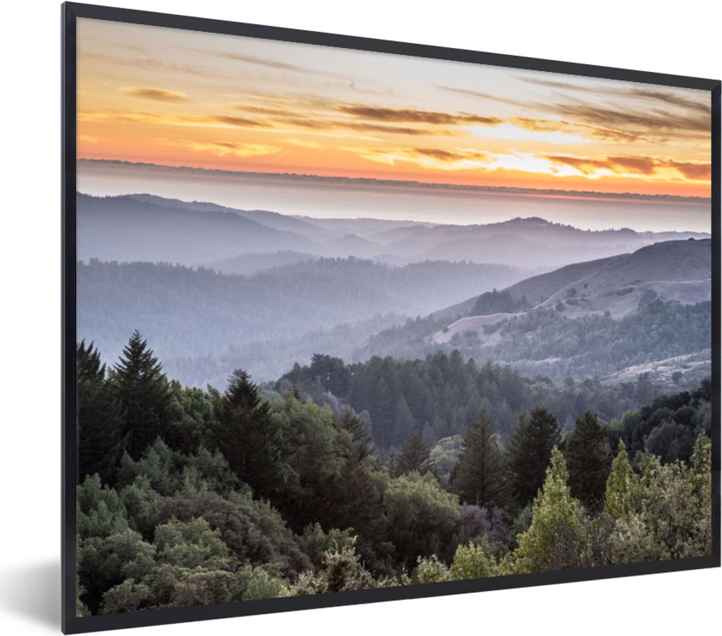 MuchoWow Gerahmtes Poster Berge - Sonne - Wald - Landschaft 40x30 cm - Poster mit Schwarzem Bilderrahmen Wandposter Rahmen Foto Bilder - Kunstpos...