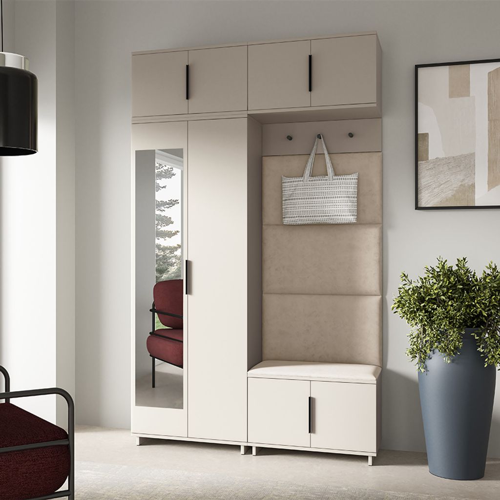 Garderoben-Set Napoli Version 1: Kleiderschrank mit Polsterpaneelen, Schuhschrank und Schrankaufsatz Flur und Eingangsbereich (Cashmere/Trinity 02)
