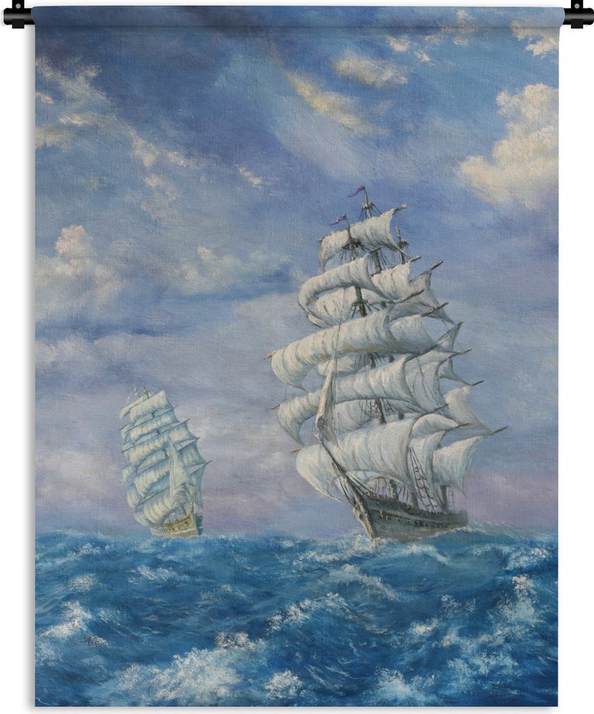 MuchoWow Wandteppich Wandbehang Illustration von zwei Segelschiffen auf See 150x200 cm Tapisserie Dekoration Wandtuch - Wandaufhängung - Moderner