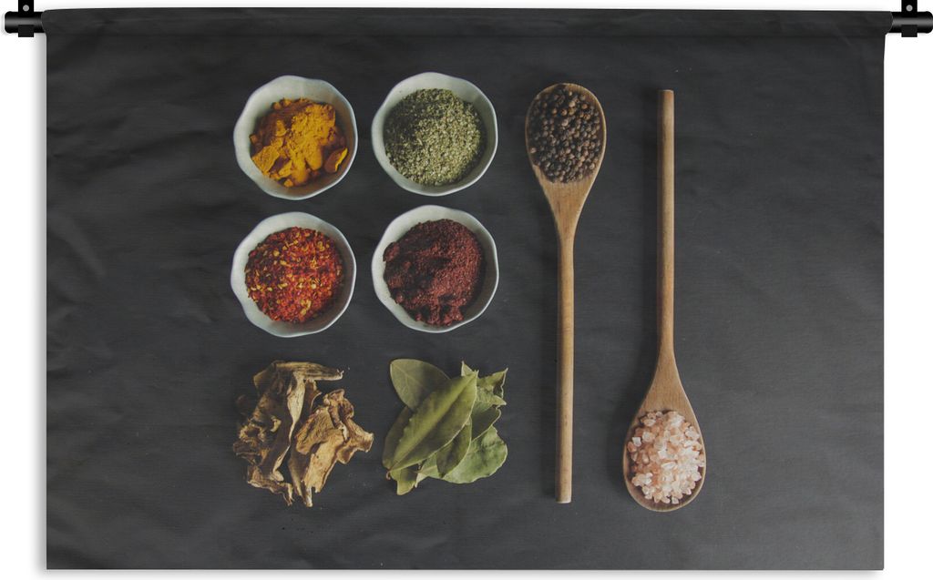MuchoWow Wandteppich Wandbehang Schöpfkelle - Gewürze - Kräuter - Grün - Braun - Rustikal 90x60 cm Tapisserie Dekoration Wandtuch - Wandskulp...