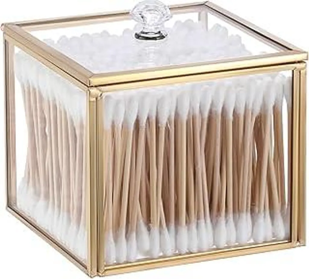 Dispenser in vetro per dischetti di cotone Scatola portagioielli con coperchio in vetro Contenitore dorato per Cotone fioc Contenitore per dischetti di cotone Scatola decorativa Scatola portaoggetti per bagno, camera da letto, ufficio Regalo per donna 10,1x10,1x8,6 cm