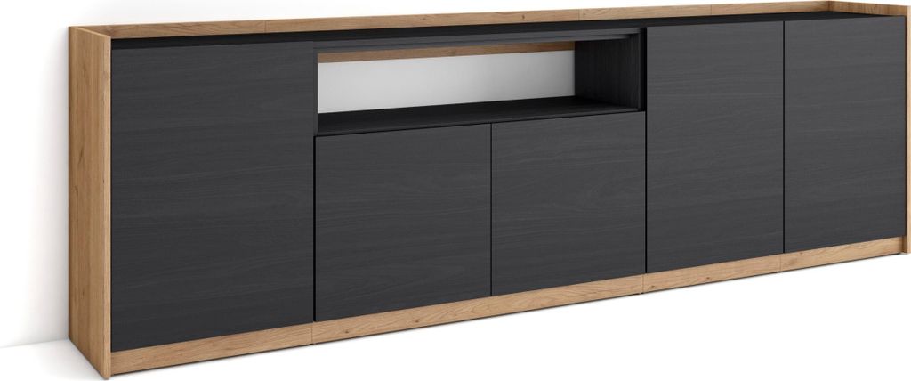 Sideboard, Highboard, 260x37x80cm, 5 Türen, Wohnzimmer, Küche, Schwarz Eiche