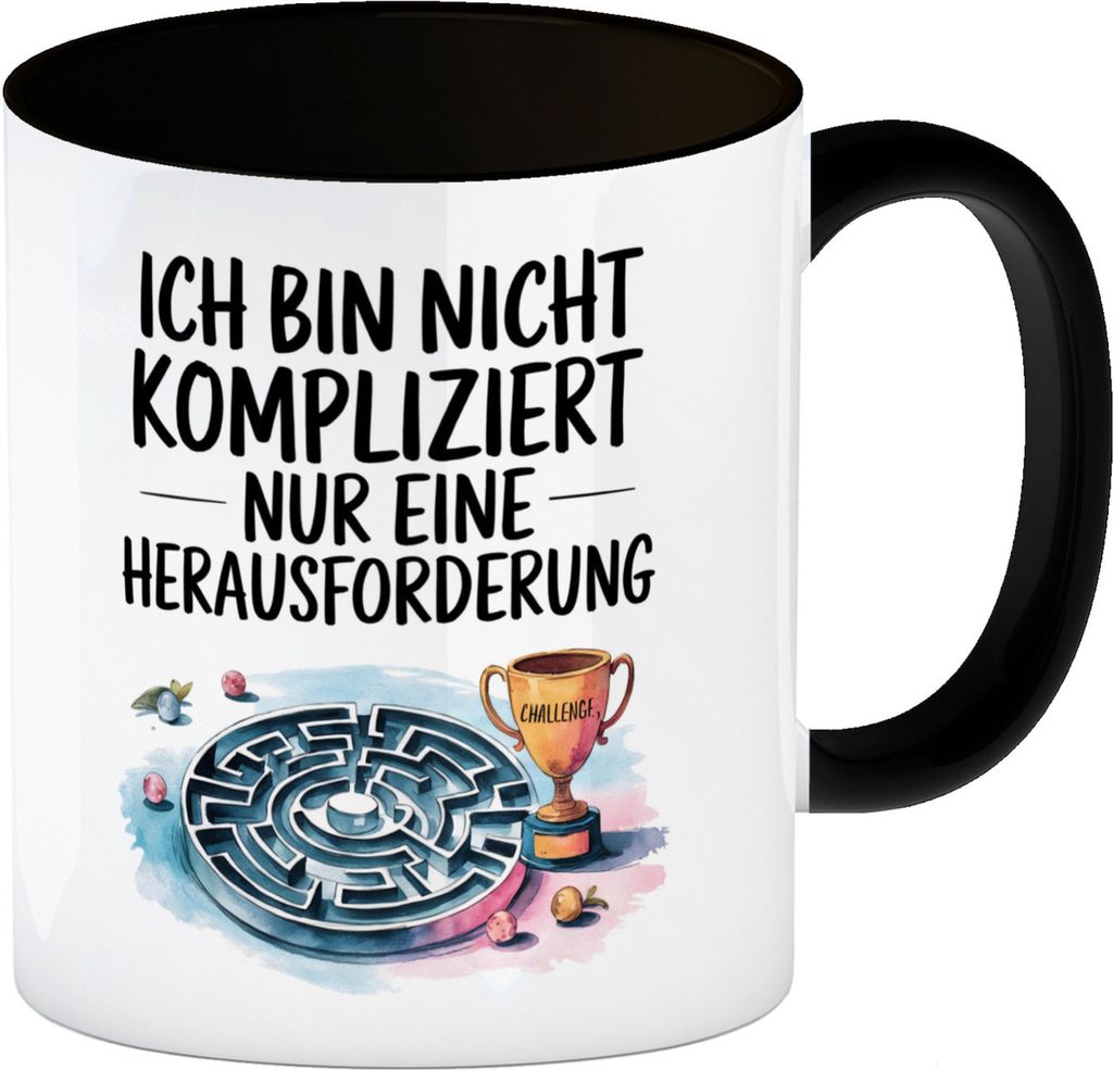 Herausforderung, nicht kompliziert Kaffeebecher in schwarz Pokal