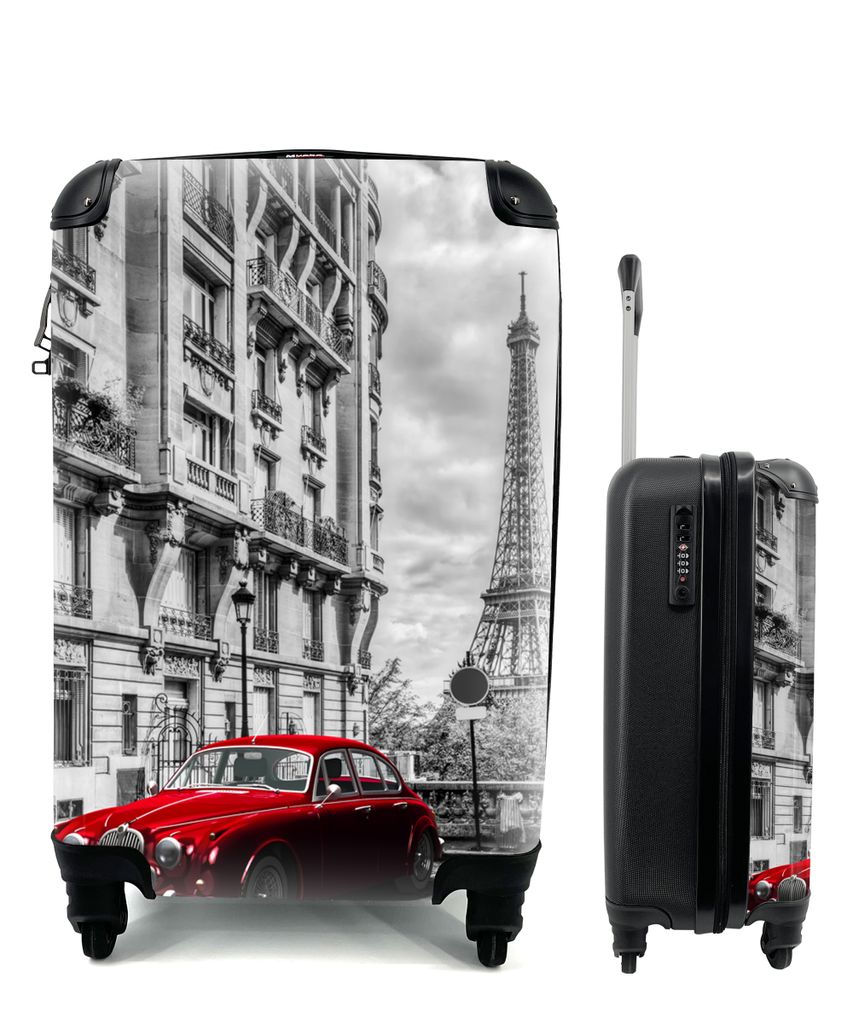 MuchoWow Koffer Handgepäck Trolley Rollkoffer Kleine Reisekoffer mit 4 Rollen - Eiffelturm - Schwarz - Weiß - Auto - Cabin Size < 55x40x23 cm &...