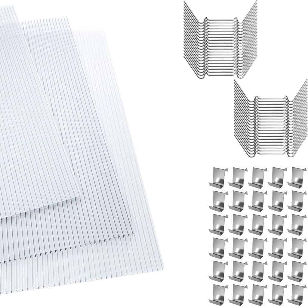 JOIEYOU Polycarbonatplatten Doppelstegplatten 4mm, 14pcs Dachplatten 10,25 m² Hohlkammerplatten UV-beständig für Gewächshaus Garten Treibhaus, ...