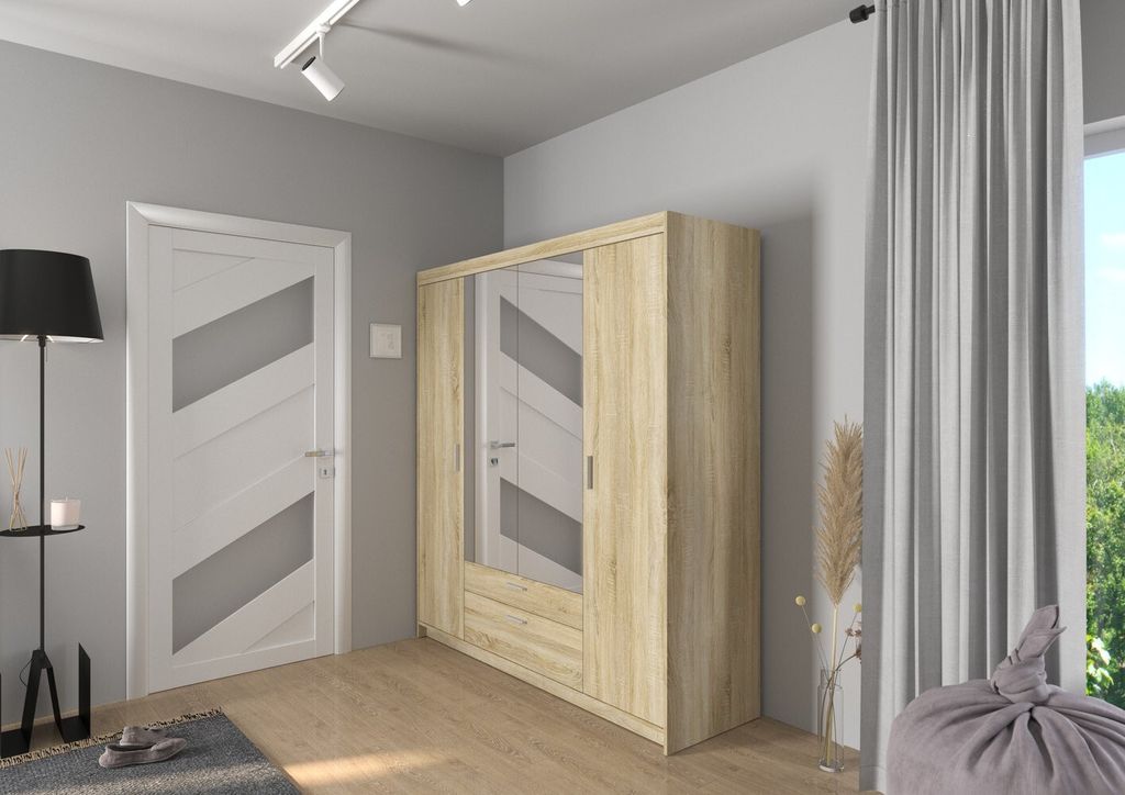 Viertüriger Kleiderschrank mit Spiegel ADELINA – Breite 176 cm, Eiche Sonoma