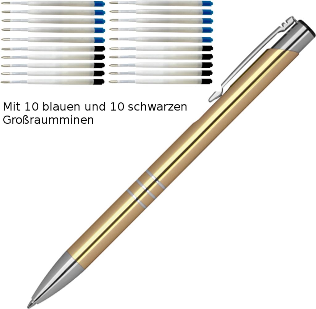 10 Kugelschreiber aus Metall / je 10 schwarze + blaue Minen / Farbe: gold