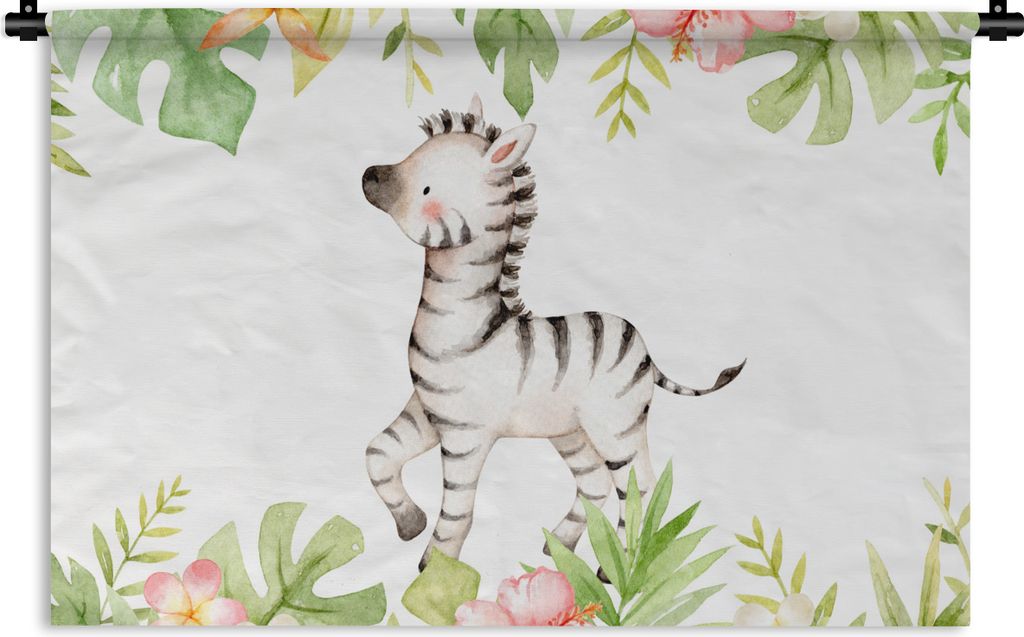 MuchoWow Wandteppich Wandbehang Zebra - Blumen - Dschungel - Aquarell 90x60 cm Tapisserie Dekoration Wandtuch - Wandskulpturen - Bildteppich